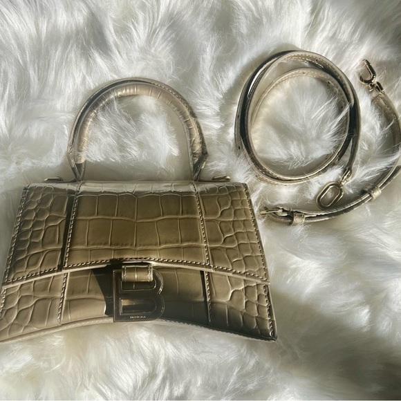 Balenciaga Hourglass XS Metallic Croc-Embossed Top-Handle Bag in Light Gold - Picture 6 of 11